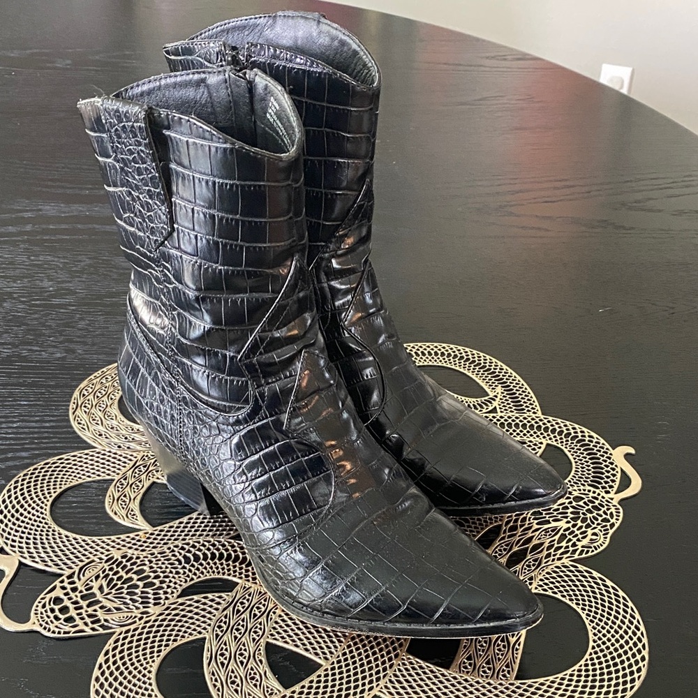 Coconuts Matisse Black Croc-Embossed Cowboy Boots Free People